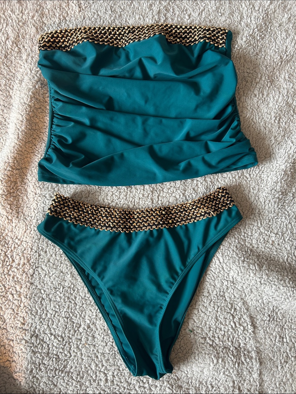 Teal Tube Top Bikini Set with Gold Accents Size L